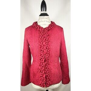 Chicos 0/S Womens Large Jacket Red Berry Crinkle Ruffled Tailored Blazer Holiday